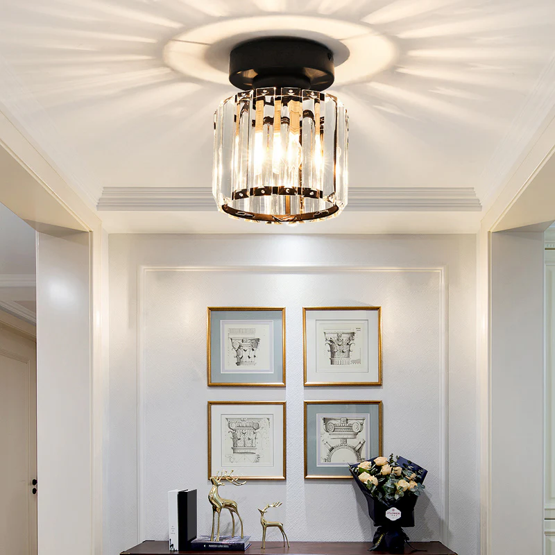 Davy | Brass & Crystal Flush Mount Light – Compact Square Design
