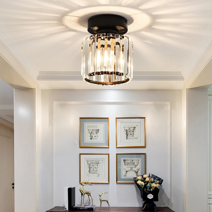 Davy | Brass & Crystal Flush Mount Light – Compact Square Design