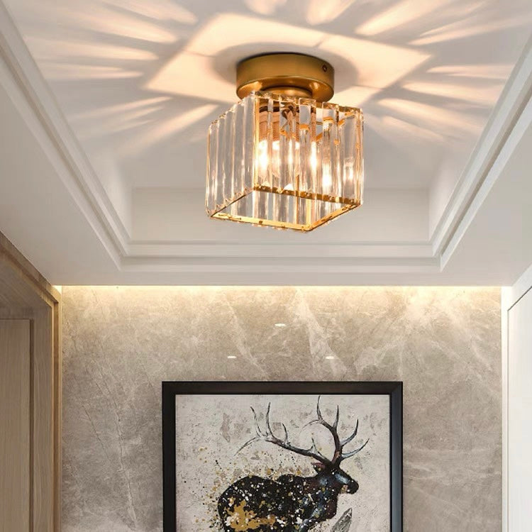 Davy | Brass & Crystal Flush Mount Light – Compact Square Design