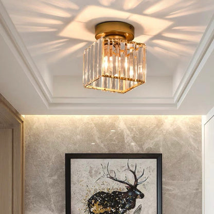 Davy | Brass & Crystal Flush Mount Light – Compact Square Design