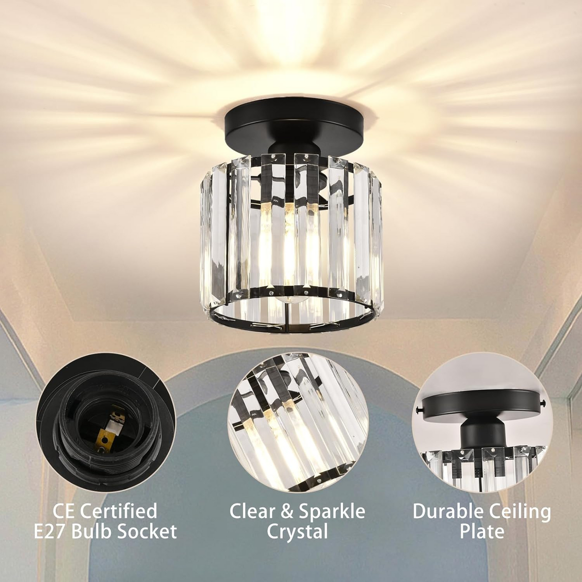 Davy | Brass & Crystal Flush Mount Light – Compact Square Design