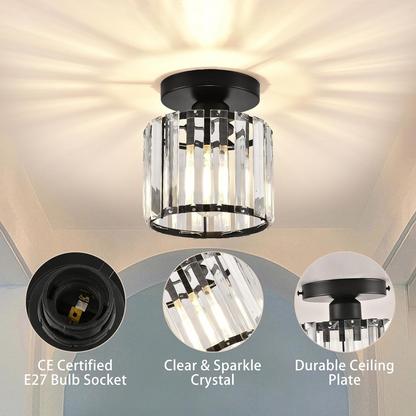 Davy | Brass & Crystal Flush Mount Light – Compact Square Design