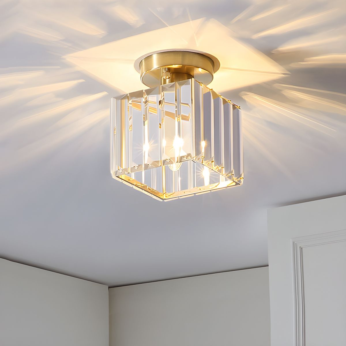 Davy | Brass & Crystal Flush Mount Light – Compact Square Design