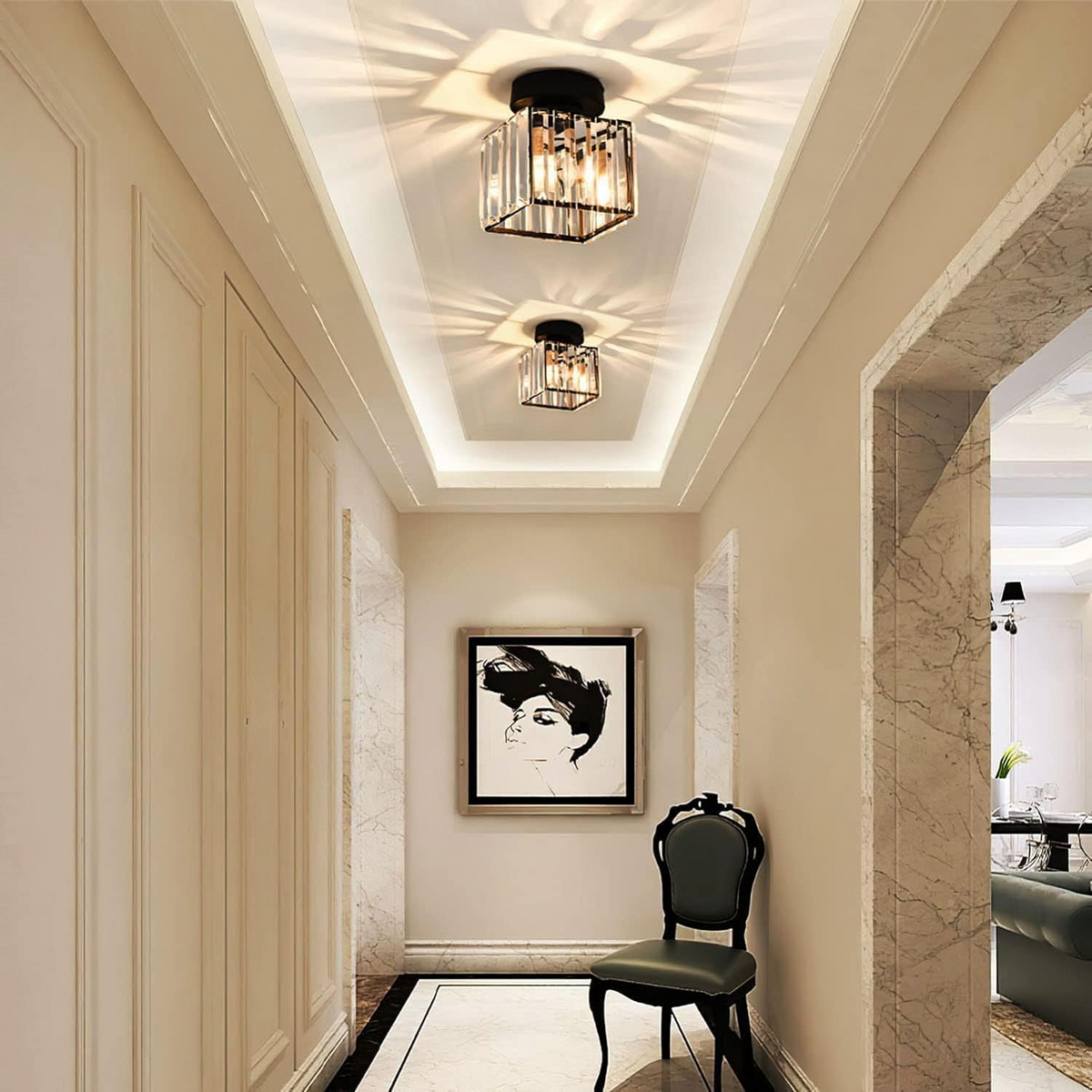 Davy | Brass & Crystal Flush Mount Light – Compact Square Design