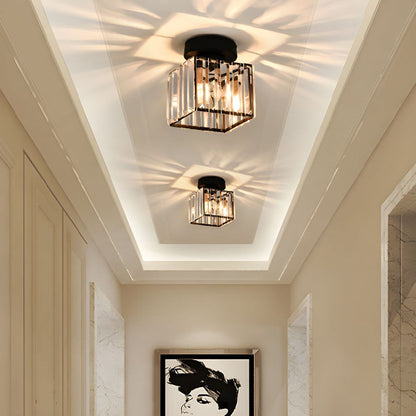 Davy | Brass & Crystal Flush Mount Light – Compact Square Design