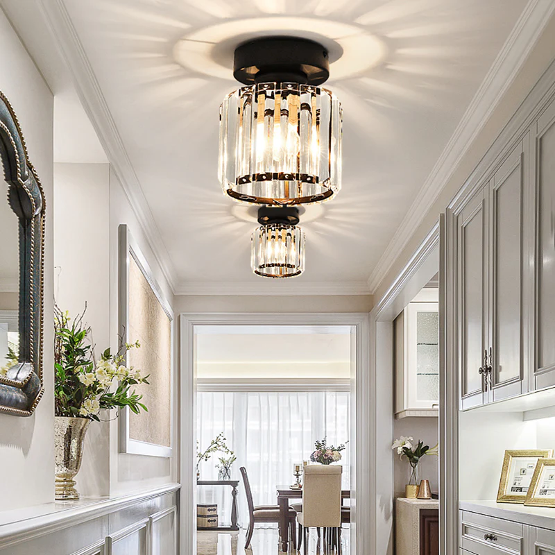 Davy | Brass & Crystal Flush Mount Light – Compact Square Design