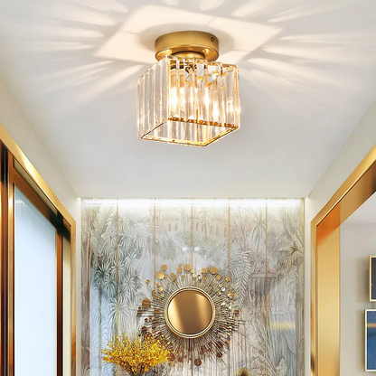 Davy | Brass & Crystal Flush Mount Light – Compact Square Design