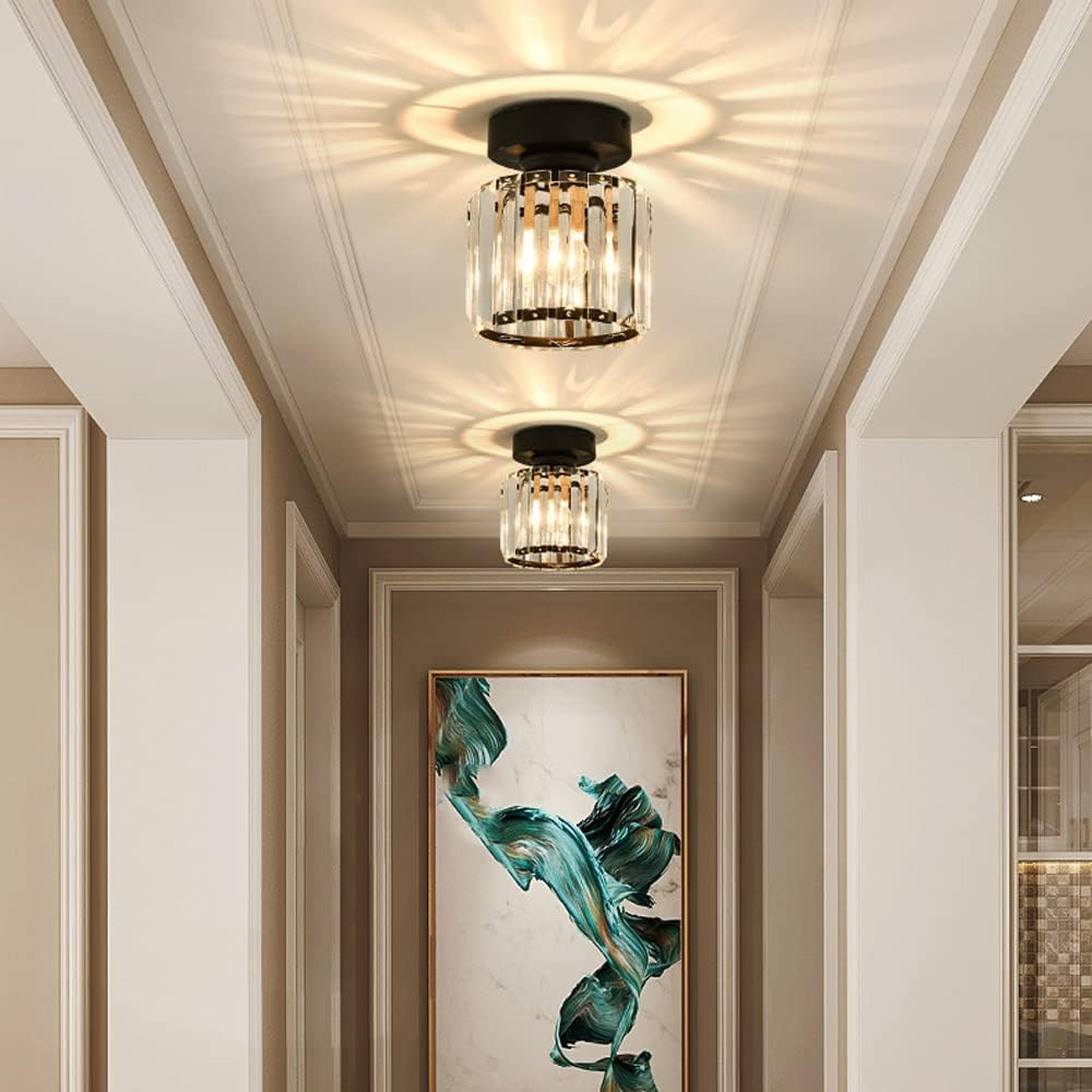 Davy | Brass & Crystal Flush Mount Light – Compact Square Design