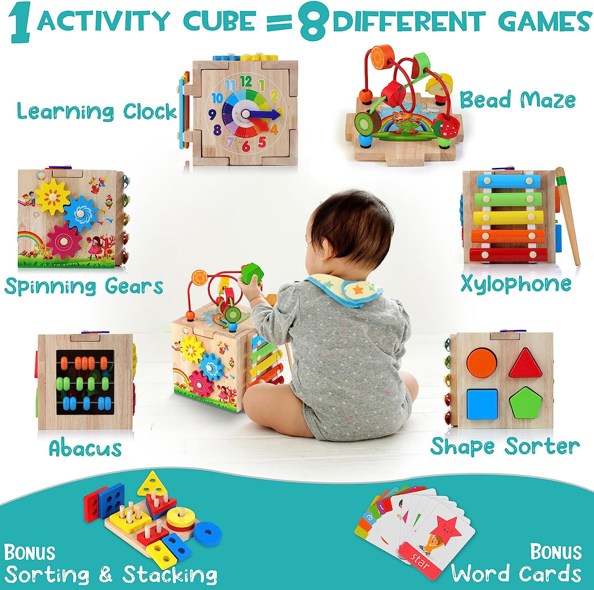 Davy | Montessori Activity Cube - 8 Learning Games for Toddlers 18+ Months