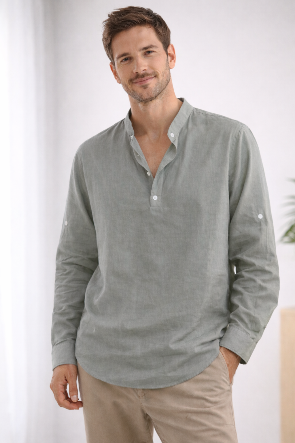 Davy | Men's Relaxed Band Collar Long Sleeve Shirt