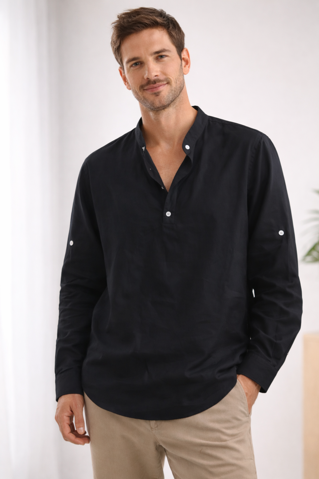 Davy | Men's Relaxed Band Collar Long Sleeve Shirt