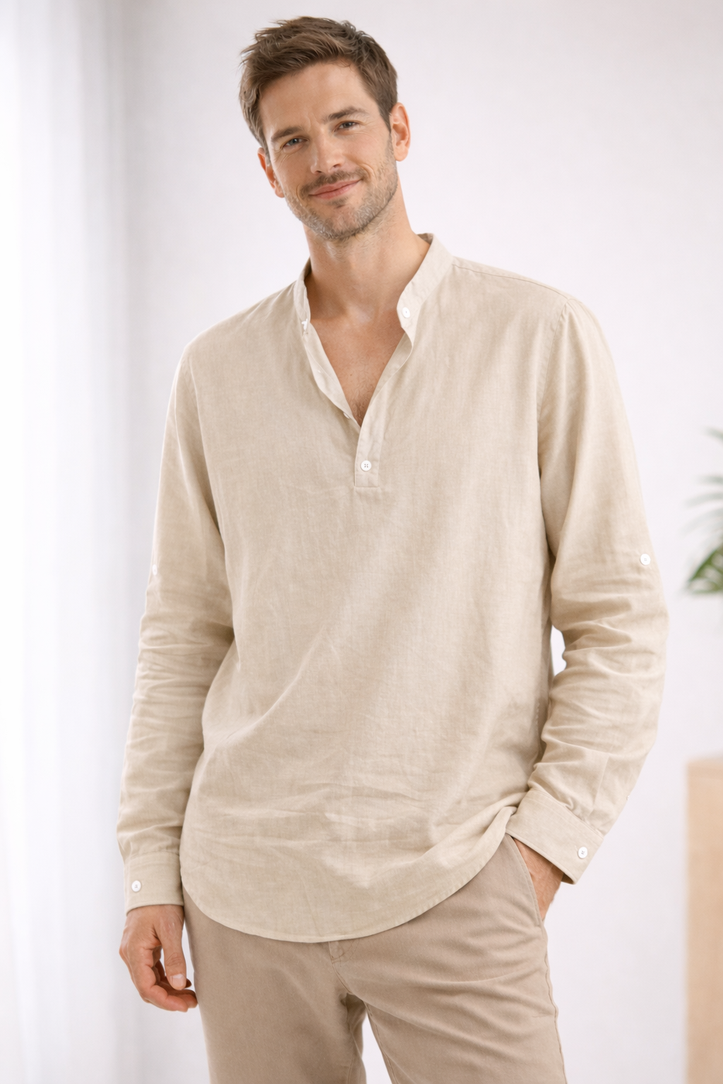 Davy | Men's Relaxed Band Collar Long Sleeve Shirt