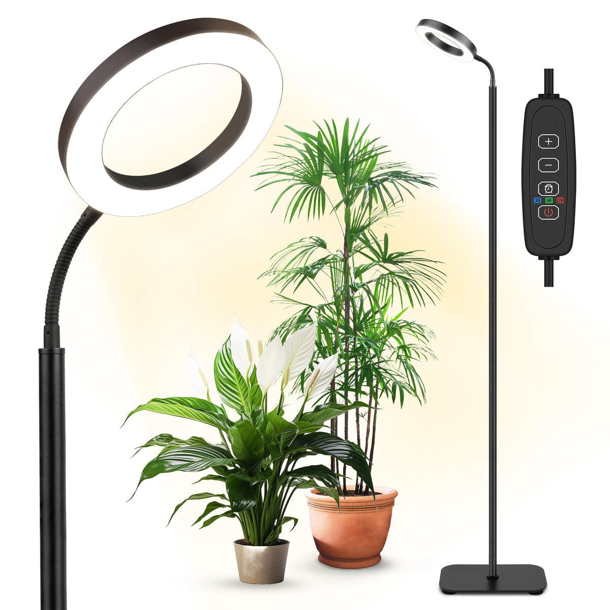 Davy | Growth Light for Indoor Plants Full Spectrum, Plant Growth Light, 20W LED Floor Plant Growth Lamp with Height Adjustable Stand, Timer Switch 3/9/12H, 10 Dimmable Brightness Levels for Small Large Plants, Round