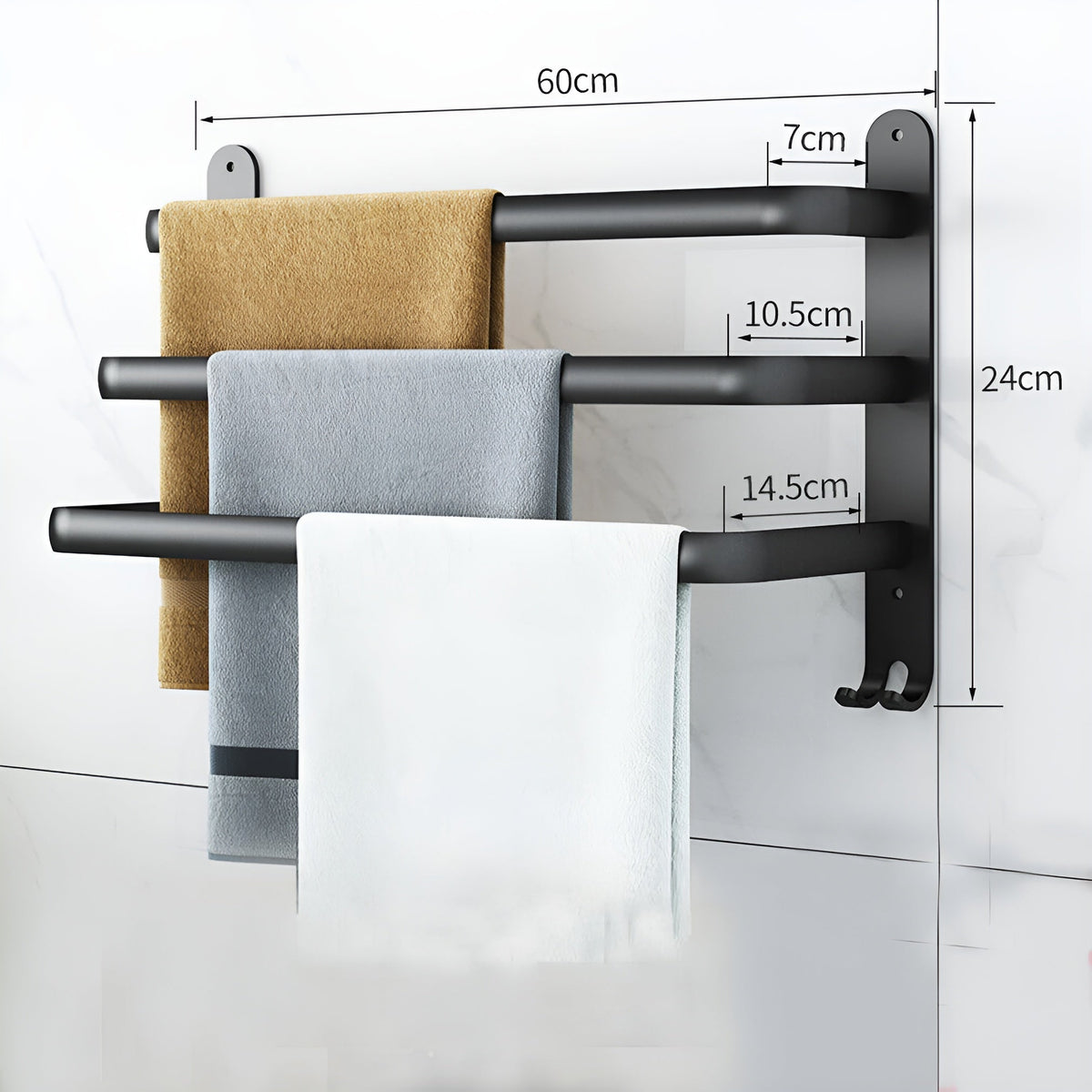 Davy | HangEase 3-Tier Towel Holder – Black Wall-Mounted Aluminum Rack Without Drilling