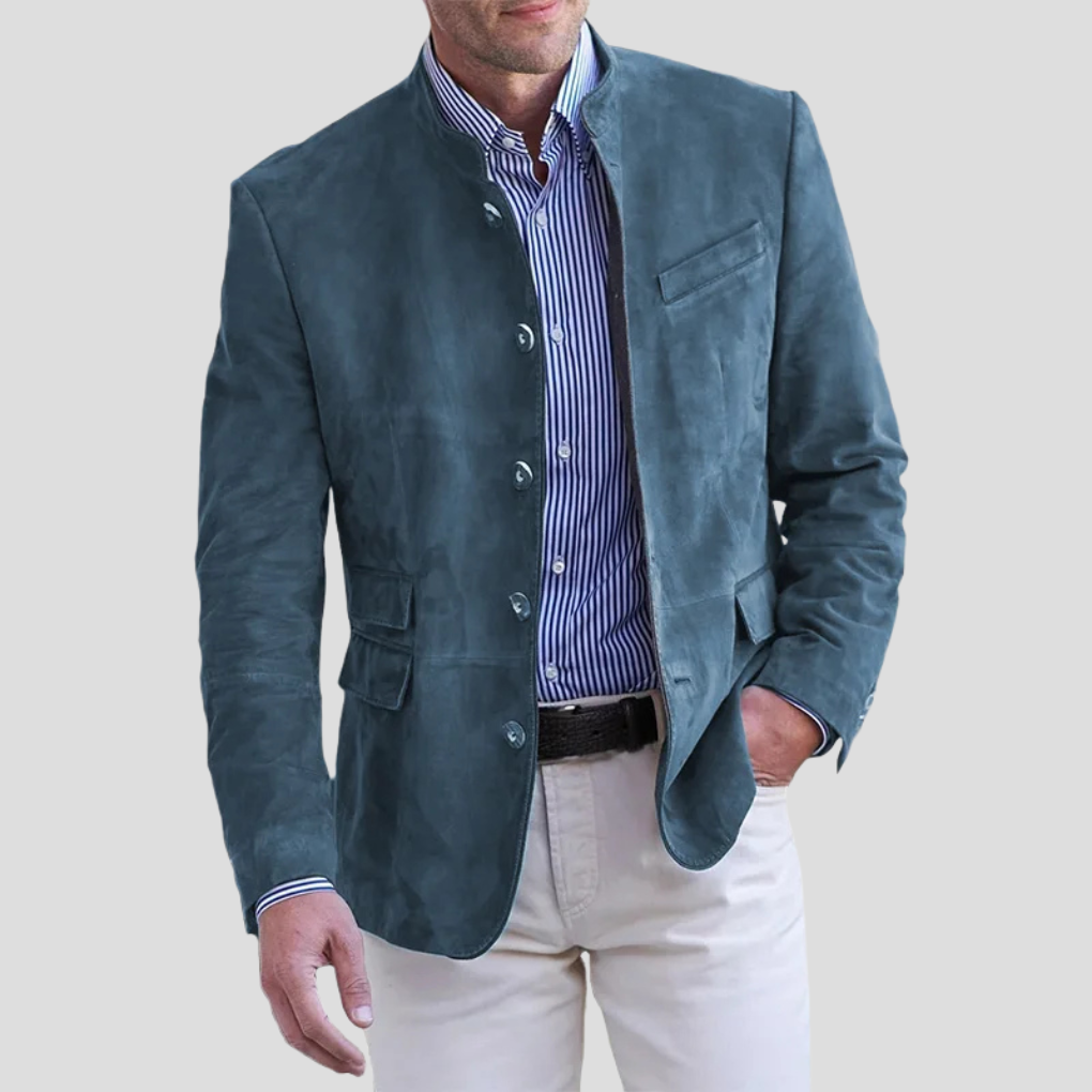 Davy | Men's Band Collar Jacket with Button Accents