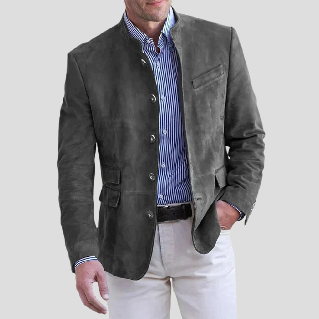 Davy | Men's Band Collar Jacket with Button Accents