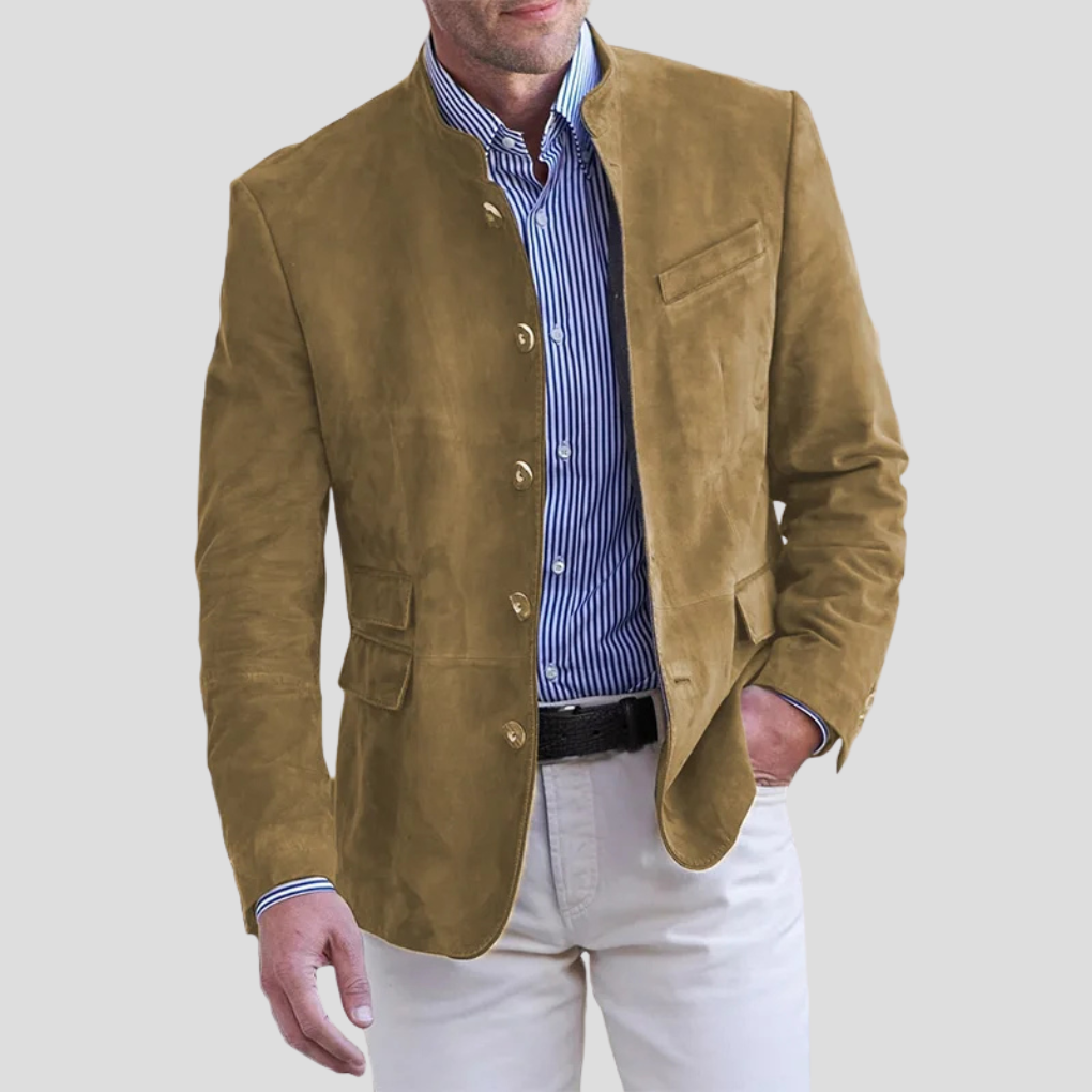 Davy | Men's Band Collar Jacket with Button Accents