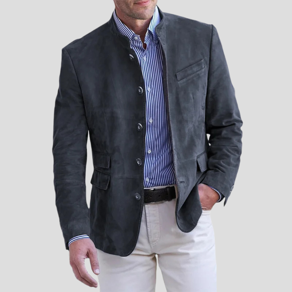 Davy | Men's Band Collar Jacket with Button Accents