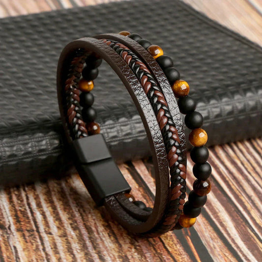 Davy | Men's Braided Leather Beaded Bracelet