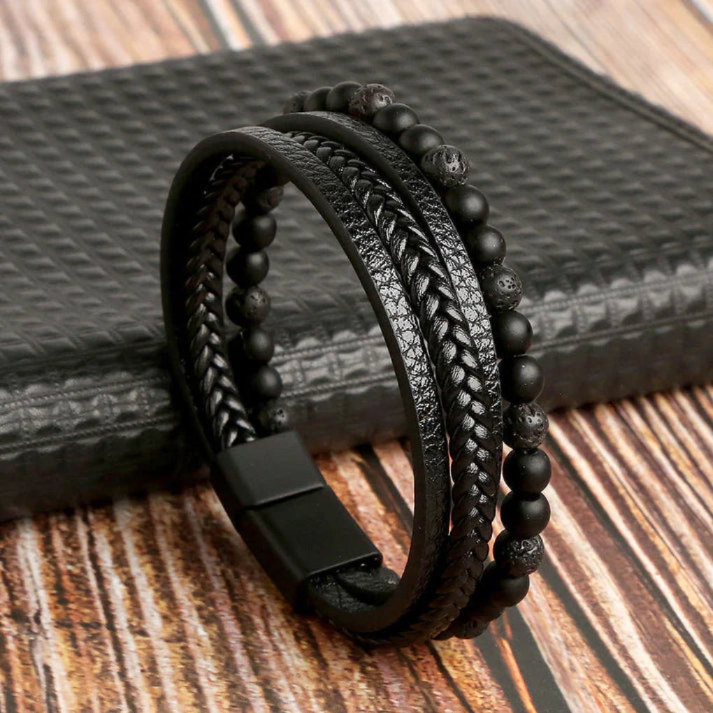 Davy | Men's Braided Leather Beaded Bracelet