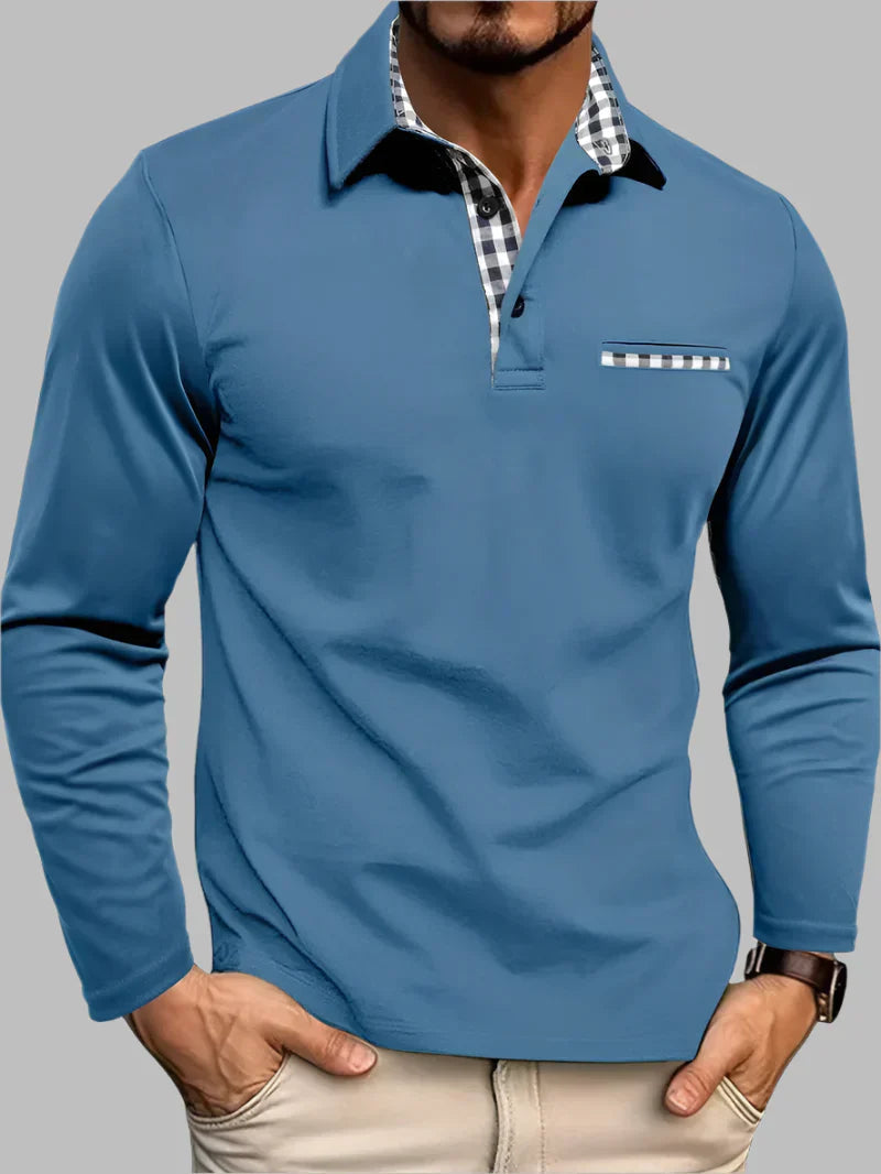 Long Sleeve Polo with Gingham Accent Pocket