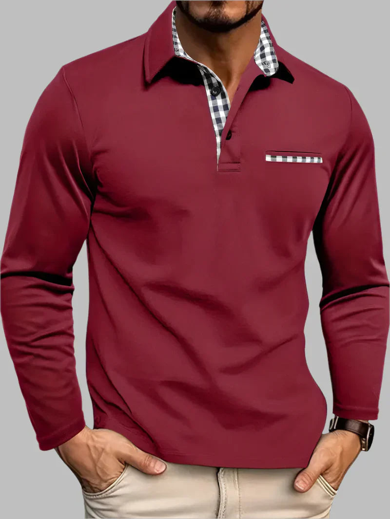 Long Sleeve Polo with Gingham Accent Pocket