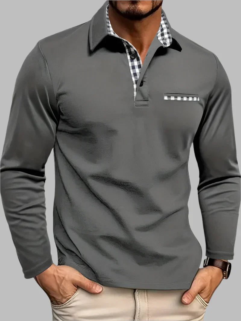 Long Sleeve Polo with Gingham Accent Pocket