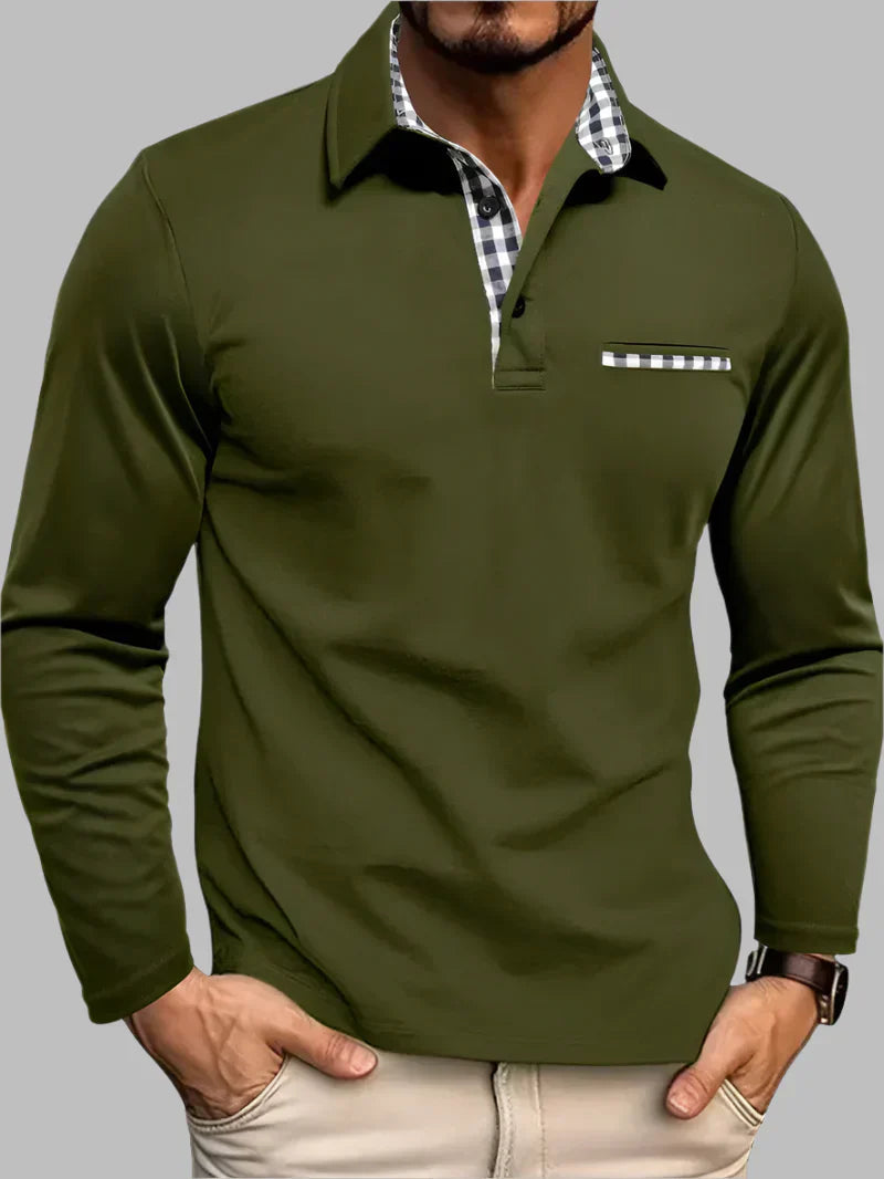 Long Sleeve Polo with Gingham Accent Pocket