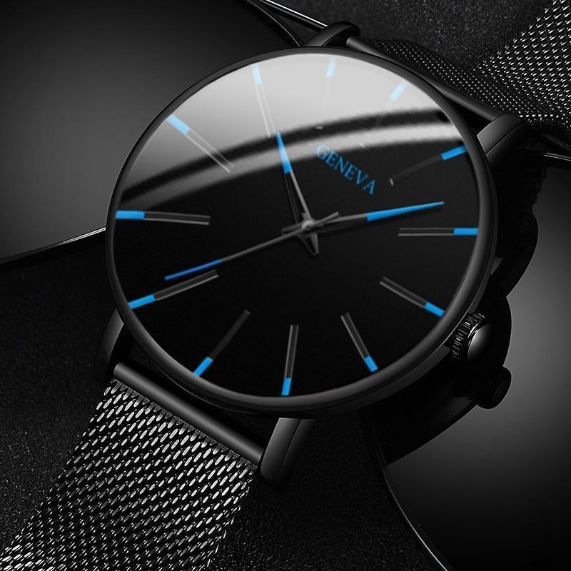 Davy | Men's Minimalist Watch: Blue Accents, Mesh Band