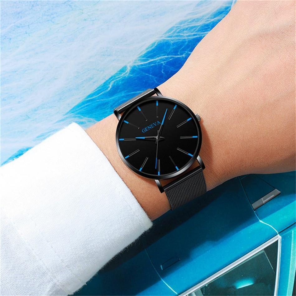Davy | Men's Minimalist Watch: Blue Accents, Mesh Band