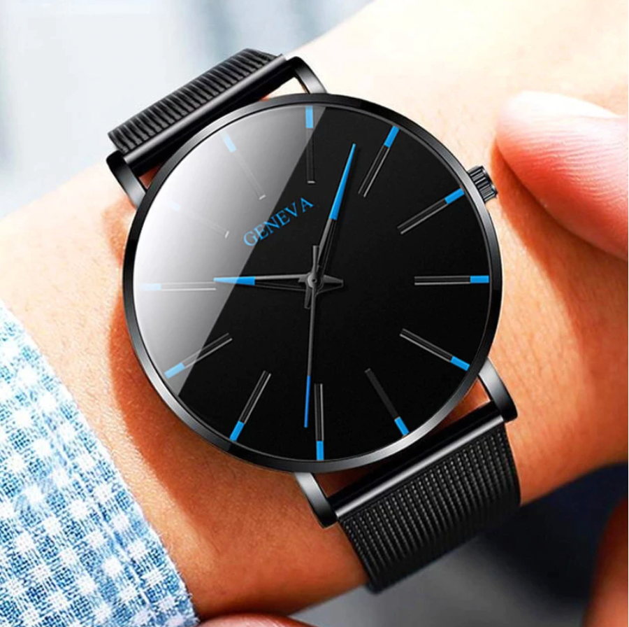 Davy | Men's Minimalist Watch: Blue Accents, Mesh Band