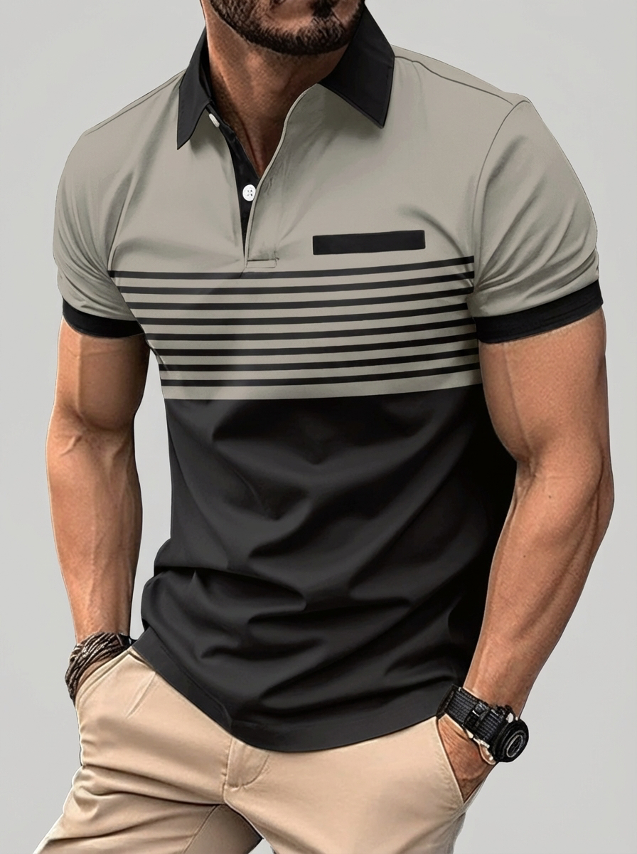 Men's Breathable Striped Color Block Polo Shirt