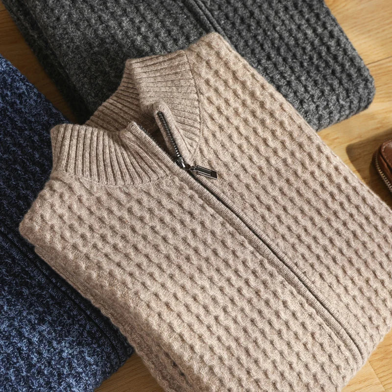 Men's Waffle Knit Full Zip Sweater