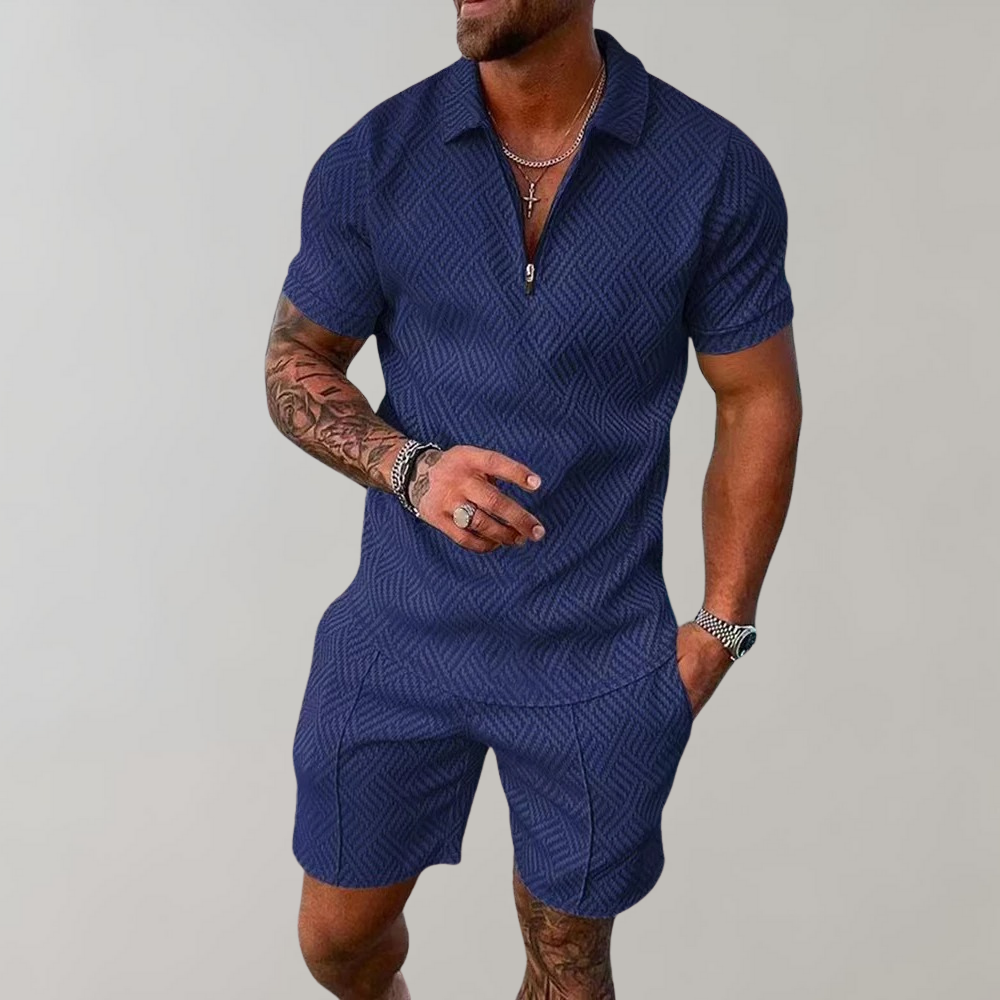 Textured Zip Polo & Shorts Set
