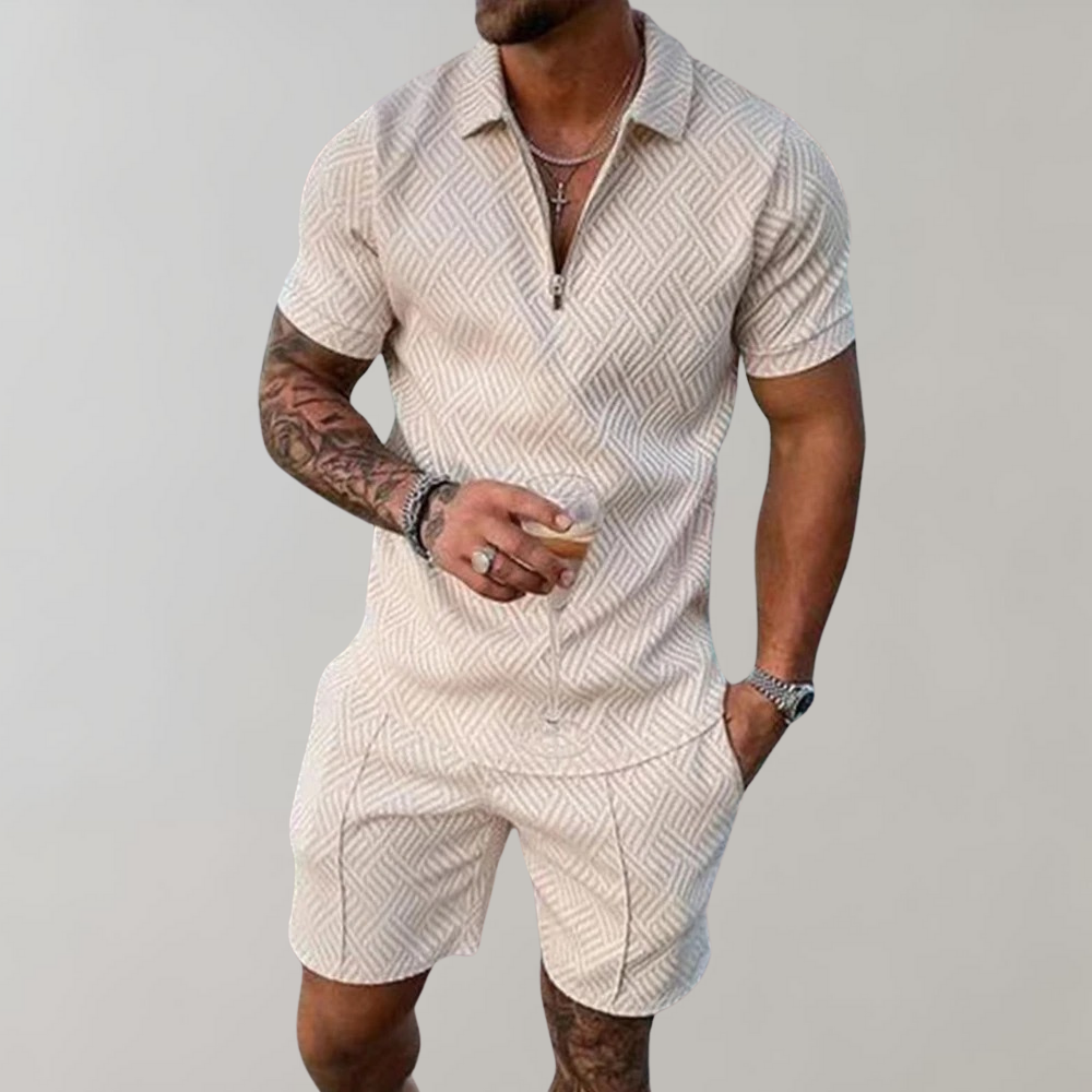 Textured Zip Polo & Shorts Set