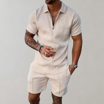 Textured Zip Polo & Shorts Set