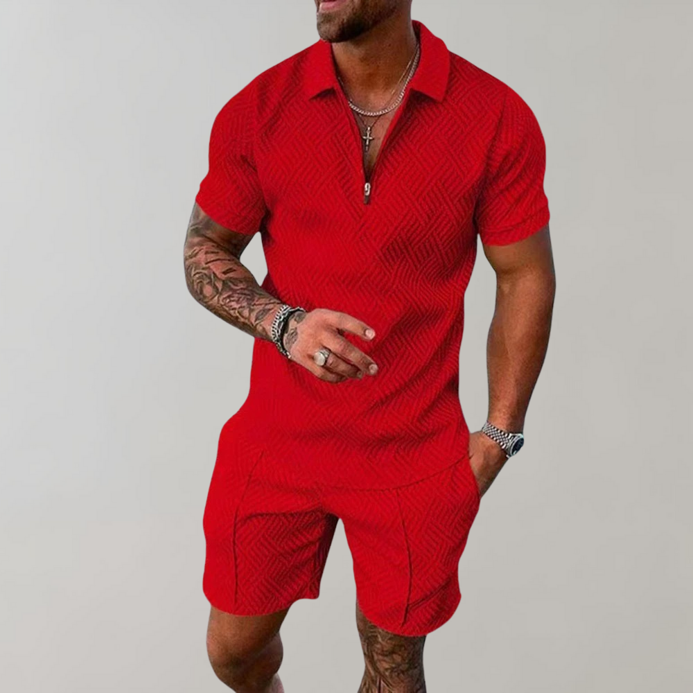 Textured Zip Polo & Shorts Set