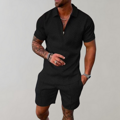 Textured Zip Polo & Shorts Set