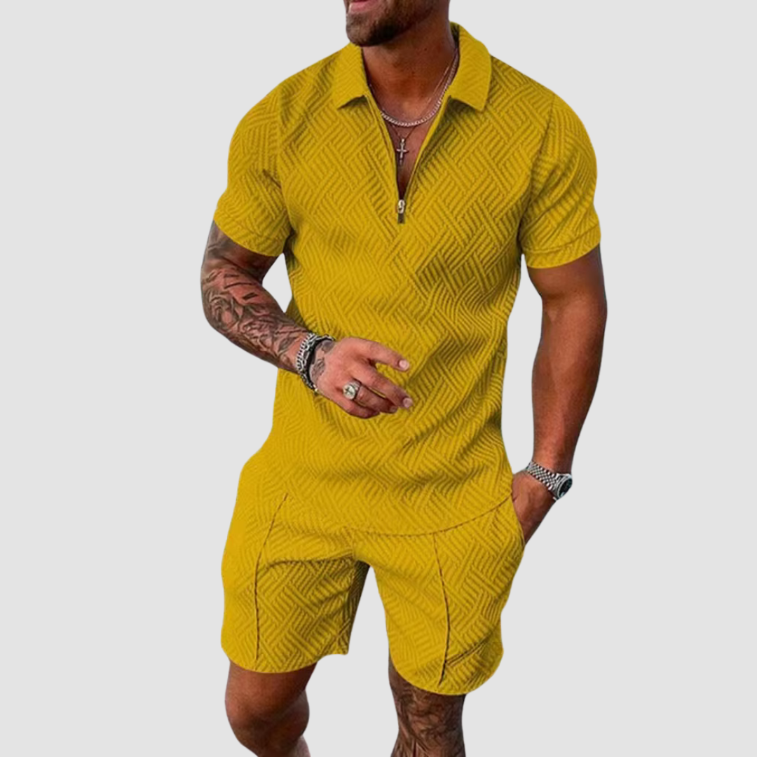 Davy | Men's Textured Zip Polo Shirt and Shorts Outfit
