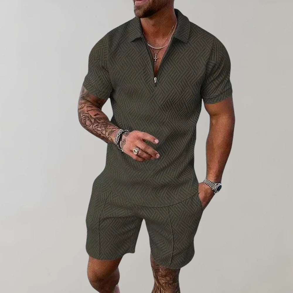 Davy | Men's Textured Zip Polo Shirt and Shorts Outfit
