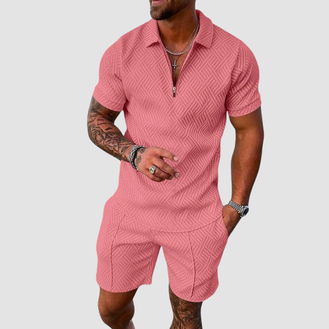 Davy | Men's Textured Zip Polo Shirt and Shorts Outfit
