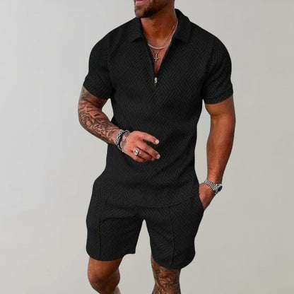 Davy | Men's Textured Zip Polo Shirt and Shorts Outfit