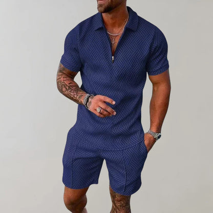 Davy | Men's Textured Zip Polo Shirt and Shorts Outfit