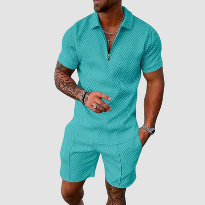 Davy | Men's Textured Zip Polo Shirt and Shorts Outfit