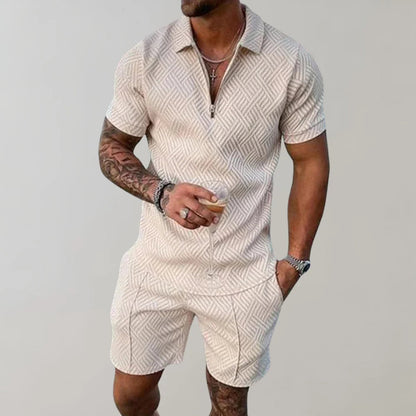 Davy | Men's Textured Zip Polo Shirt and Shorts Outfit