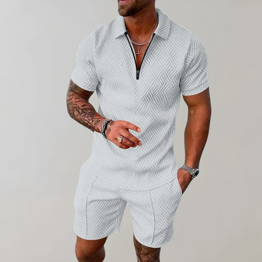 Davy | Men's Textured Zip Polo Shirt and Shorts Outfit
