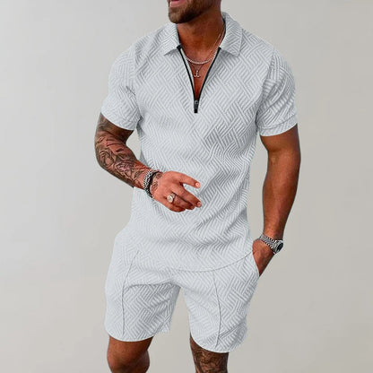 Davy | Men's Textured Zip Polo Shirt and Shorts Outfit