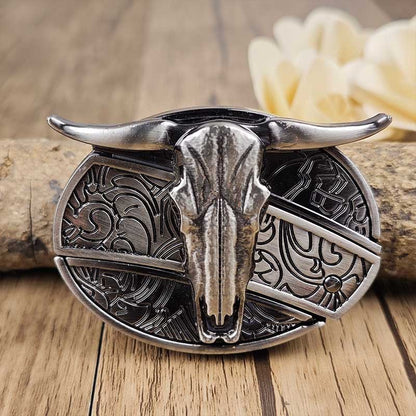 Davy | Oval Bull Skull Belt Buckle with Hidden Tool
