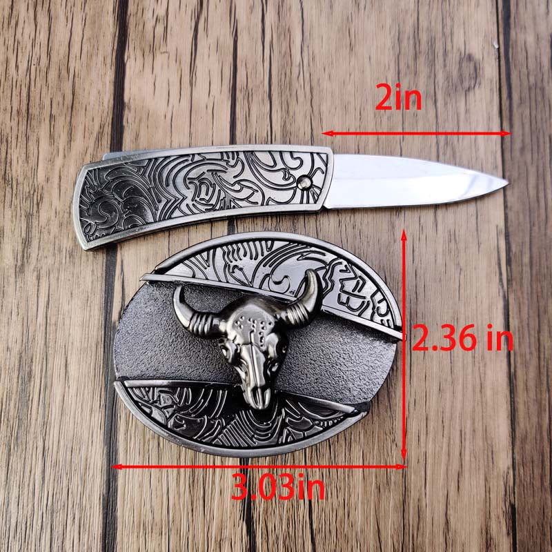 Davy | Oval Bull Skull Belt Buckle with Hidden Tool