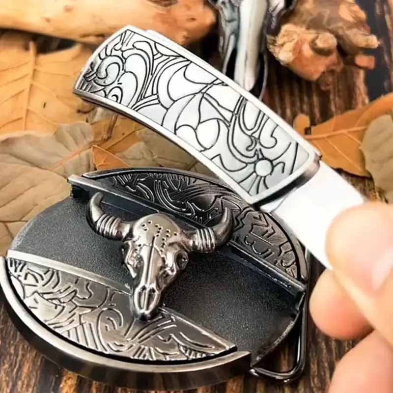 Davy | Oval Bull Skull Belt Buckle with Hidden Tool